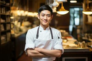 AI generated asian chef in the kitchen, an attractive young head chef asianman of a prestigious restaurant, AI Generated photo