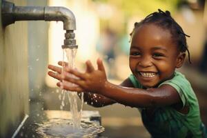 AI generated portrait of smiling child girl with water in hands, An African child sincerely rejoices in tap water, AI Generated photo