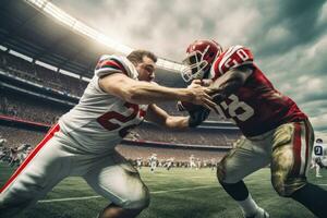 ai generado americano fútbol americano jugadores luchando en estadio, americano futbolistas luchando eso fuera en campo con estadio en fondo, ai generado foto