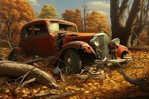 AI generated old rusty truck in autumn forest, After an automobile accident, AI Generated photo