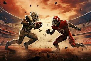 AI generated football players in red and gold stadium. mixed media, American Footballers Battling it Out on Field with Stadium in Background, AI Generated photo