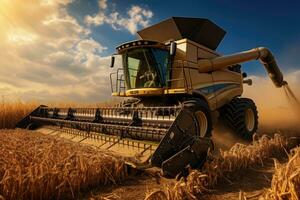 ai generado tractor en un campo de trigo, agricultura, combinar segador en maíz campo, ai generado foto