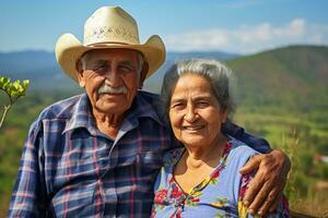 ai generado retrato de un contento mayor Pareja con un sonrisa en un antecedentes de un montaña paisaje, un mayor Hispano Pareja disfrutando al aire libre, su amor palpable, ai generado foto