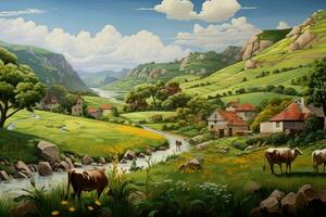 AI generated beautiful landscape with a mountain river and a small village on the background. high quality illustration, Amidst the beauty of the countryside, AI Generated photo