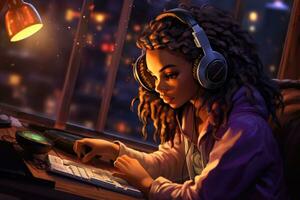 AI generated young girl listening music in headphones, African girl playing professional videogames with headphones, AI Generated photo