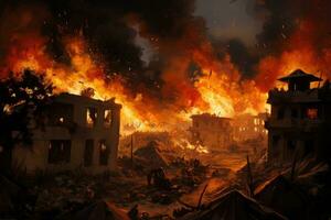 AI generated old city in the night time, war, war, ukraine, Airstrike on the city, burning houses, AI Generated photo
