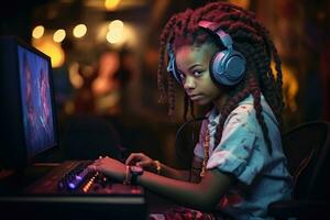 ai generado joven africano americano mujer jugando jugador utilizando computadora juego a noche. ciber juego de azar, africano niña jugando profesional videojuegos con auriculares, ai generado foto