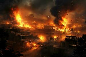 AI generated old city in the night time, war, war, ukraine, Airstrike on the city, burning houses, AI Generated photo