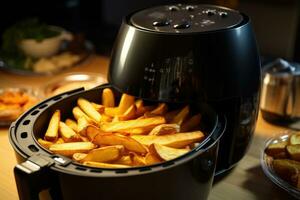 ai generado francés papas fritas en el mesa, aire freidora máquina Cocinando patata frito en cocina, ai generado foto