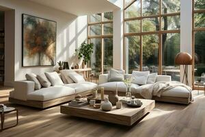 AI generated Scandinavian living room flooded with natural light through large windows photo