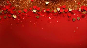 AI generated Golden confetti and pink hearts on a red background, copy space. Background of Valentines day concept. photo