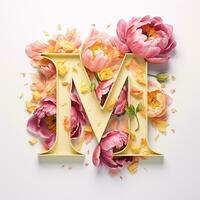 AI generated Creative letter M concept made of fresh yellow and pink peony photo