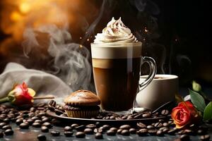 AI generated The delightful combination of coffee and a sweet treat, dessert with a steaming cup of coffee photo