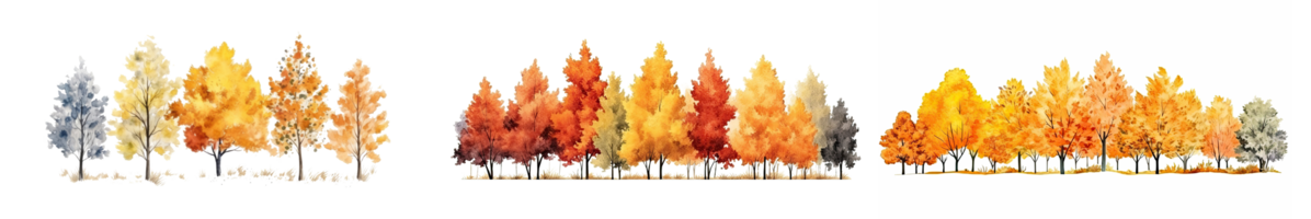 AI generated A group of autumn trees watercolor horizontal banner isolated on a transparent background. png