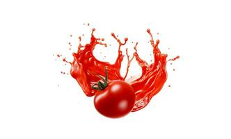 AI generated Tomato and juice splash isolated on white background. Swirl wave of tomato juice with drops from a falling ripe tomato. photo