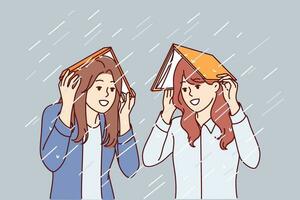 Women take shelter from rain under books and smile, rejoicing at onset of autumn season. Happy girls cover heads with textbooks to avoid getting wet during heavy rain or spring storm vector