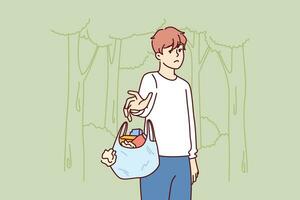 Man throws out bag of garbage in wrong place, polluting nature and showing lack of consciousness. Bad guy polluting ecology with plastic waste and littering with unrecyclable rubbish forest or park vector