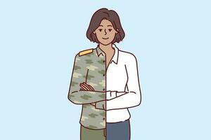 Woman is dressed in military uniform and business attire at same time, for concept of career change after serving in army. Girl manager of military company stands with arms crossed. vector