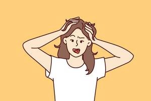 Funny woman with crazy grimace ruins own hair, suffering from mental disorder and need of medication. Girl in white t-shirt makes funny expression to cheer up friends or small child. vector