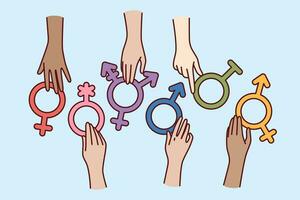 Symbols different genders in hands, for concept absence of discrimination against transgender humans. Banner to call for tolerance towards people who have undergone genders reassignment surgery vector