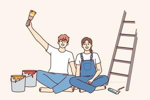 Couple makes repairs in apartment with own hands and sits on floor near ladder and buckets of paint for painting walls. Cheerful man and woman rejoice at opportunity to make diy repairs in room vector