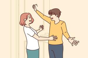 Happy couple embraces at meeting near entrance to house and rejoices at long-awaited date. Man returns from business trip and hugs wife or girlfriend, rejoicing in date after long separation. vector