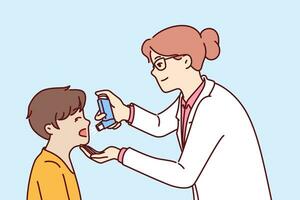 Woman doctor with inhaler helps boy cope with asthma attack or get rid of bronchial health problems. Caring pediatrician giving inhaler to child, recommending use of medicated spray to fight flu vector