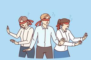 Business people with blindfolds look in different directions, symbolizing lack of coherence between company employees. Man and two female office workers are having trouble coordinating vector