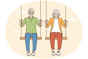 Happy energetic elderly couple siting on swings enjoy maturity together. Smiling active old man and woman have fun relaxing. Vector illustration.