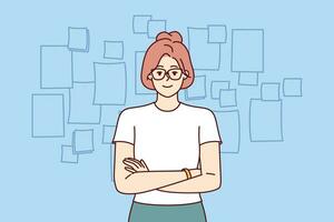 Confident business woman manager stands with arms crossed near kanban board and looks at screen. Successful girl near wall with stickers of different sizes for concept of setting tasks in business vector