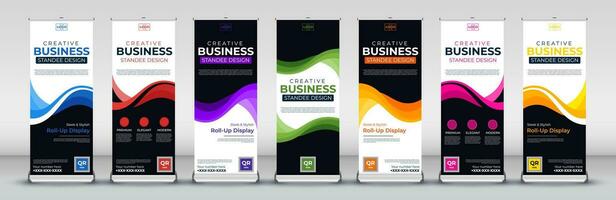 Business roll up banner design for business events, annual meetings, presentations, marketing, promotions, with pink, green, red, purple, orange, blue and yellow print ready colors vector