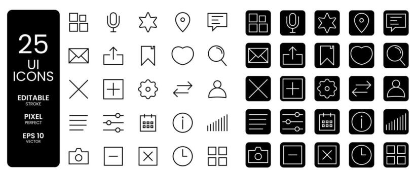 UI apps, mic, star, location, message, mail, bookmark, love, search, settings, calendar, info, camera, time, close, signal icon set in light and dark theme vector