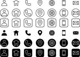 perfil, hogar, teléfono, ubicación, web, móvil y correo icono conjunto en blanco y negro para ligero y oscuro modo vector