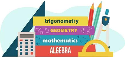 Textbooks, pens, calculator, protractor on white background. Mathematics concept. International mathematics day. Mathematics lessons and courses. Vector illustration on white background.