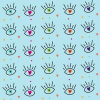 Hand drawn eye doodles seamless pattern with blue background. Vector illustration. Perfect for wallpapers, web page backgrounds, surface textures, textiles.