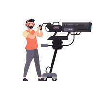 Video operator with a professional camera. Camera man working in video studio, television. Professional videographer isolated. Character filming, shooting a movie. Flat vector illustration.