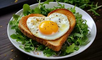 AI generated heart shape bread, egg and toasted sliced bread photo