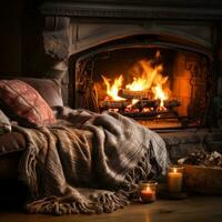 AI generated Cozy winter background with a crackling fireplace, plush blankets photo