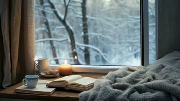 ai generado invierno estético mañana, calentar tejidos de punto, libro, y un ventana ver de Nevado paisajes foto