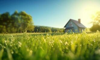 AI generated green grass in the field with a house in the background photo