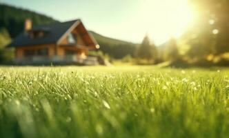 AI generated green grass in the field with a house in the background photo