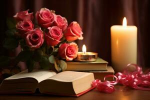 AI generated Romantic Valentine's Day background, candlelight, roses, and room for heartfelt messages photo