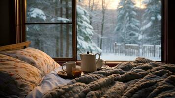 AI generated Winter weekend morning, cozy bed, hot cocoa, and a frost-kissed window panorama photo