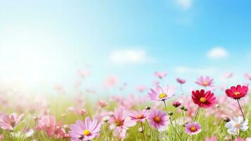 AI generated Serene meadow with blooming flowers, offering ample copy space for text photo