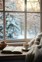 ai generado invierno estético mañana, calentar tejidos de punto, libro, y un ventana ver de Nevado paisajes foto
