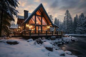 AI generated Cozy winter aesthetic with a warm glow, snow-laden pines, and tranquil serenity photo