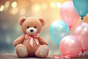 ai generado rosado osito de peluche oso sentado con globos foto