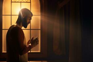 ai generado musulmán hombre participación un vela y Orando oración foto