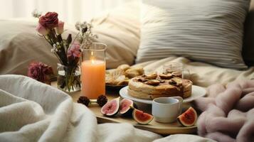 AI generated Winter aesthetic, cozy breakfast spread, soft blankets, creating a warm and inviting atmosphere photo