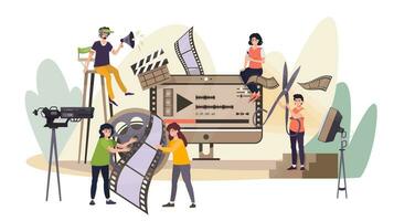 Filmmaking, video industry concept. Motion design studio staff. Cinematography concept. Video editor illustration. Motion design, animation. Director, designers, editors, operators. Multimedia vector
